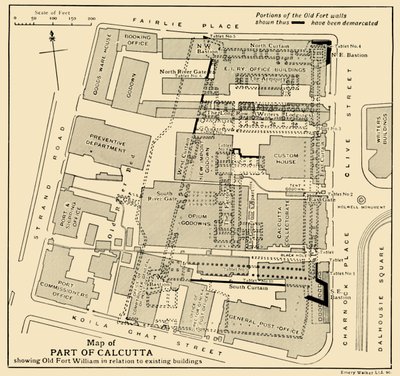 Karte eines Teils von Kalkutta mit dem alten Fort William im Verhältnis zu bestehenden Gebäuden, 1925 von Unbekannt