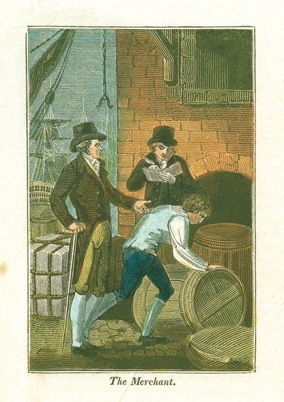 Kaufmann und sein Angestellter am Kai beim Überprüfen von Waren in einem Lagerhaus, 1823 von Unbekannt