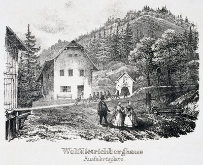 Salzmine: Das Wolfdietrich-Gebäude und der Ausgang der Mine in Durrnberg, Österreich von Unbekannt