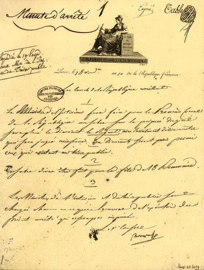 Ministerialerlass über...ein...Säbel für den Ersten Konsul, 10. Oktober 1801, 1921 von Unbekannt