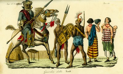 Berittener Leibwächter des Scheichs von Bornu zusammen mit Kanembu-Lanzenträger und Munga-Bogenschütze, Kanem-Bornu-Reich von Unbekannt