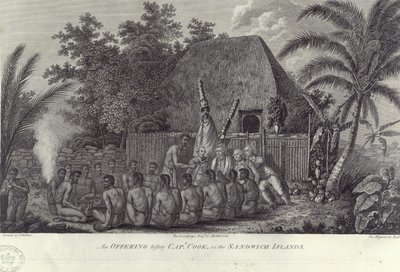 Eingeborene der Sandwichinseln, Hawaii, schlachten Schweine vor Kapitän Cook, ca. 1778 von Unbekannt
