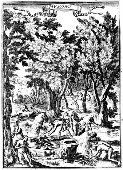 Nordamerikanische Huron-Indianer beim Jagen und Zubereiten von Nahrung im Wald, 1686 von Unbekannt