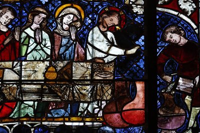 Unsere Liebe Frau von Straßburg Kathedrale. Buntglasfenster. Die Verwandlung von Wasser in Wein bei der Hochzeit zu Kana. 14. Jahrhundert. Straßburg. Frankreich. von Unbekannt