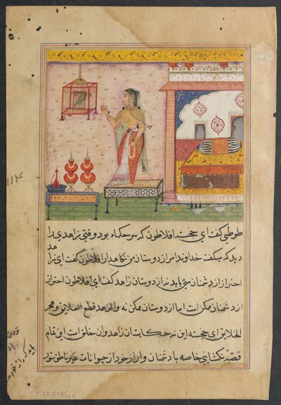 Seite aus Geschichten eines Papageis Tuti-nama: Dreiundzwanzigste Nacht: Der Papagei spricht..., ca. 1560 von Unbekannt