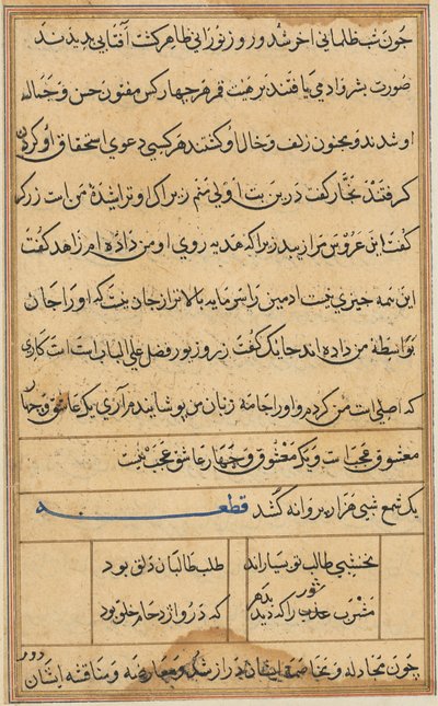 Seite aus Geschichten eines Papageis Tuti-nama: Textseite, ca. 1560 von Unbekannt