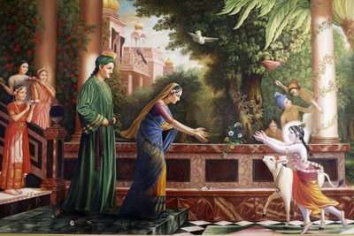 Gemälde im Bhaktivedanta Manor, das den jungen Krishna zeigt, wie er zu Mutter Yasoda und Nanda Maharaj (seinen Pflegeeltern) rennt. Watford, Großbritannien von Unbekannt