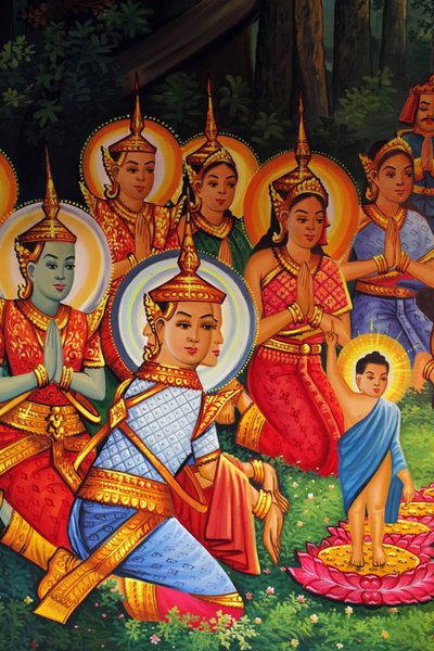 Malerei, die Buddhas Geburtstag (Wesak) in Wat Than darstellt, Phnom Penh, Kambodscha von Unbekannt