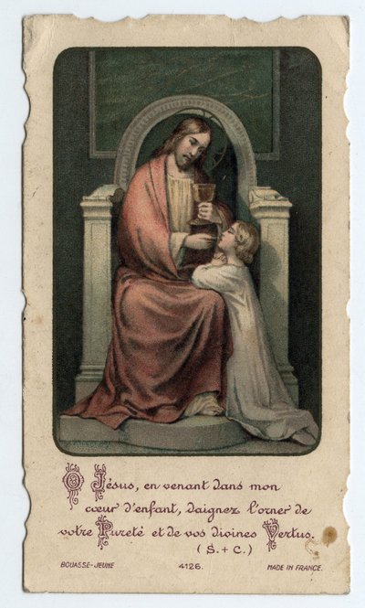 Andachtsbild: Jesus gibt einem jungen Kind die Hostie - Bild zur Erstkommunion 1931 von Unbekannt
