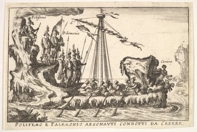 Platte 8: Polyphemus und Palemonius geführt von Ceres Polifemo e Palemonio Argonauti condotti d..., 1664 von Unbekannt