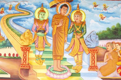 Preah Prom Rath Kloster: Leben Buddhas: Buddha besucht den Himmel und trifft die Götter Indra und Brahma, Siem Reap, Kambodscha von Unbekannt