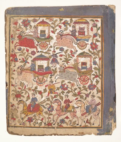 Prozession von Kutschen mit Beute...aus einem verstreuten Bhagavata Purana Manuskript, ca. 1640-50 von Unbekannt