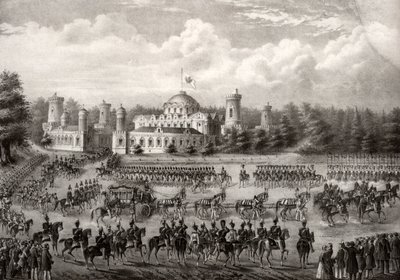 Prozession von Zar Nikolaus I. in die Mariä-Entschlafens-Kathedrale vom Petrowski-Palast während seiner Krönung 1825, 1826 von Unbekannt