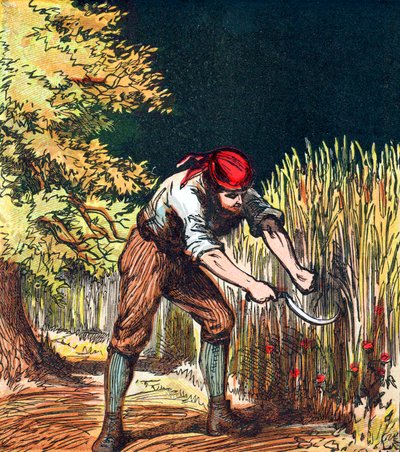 Schnitter beginnt mit der Sichel die Weizenernte, 1867 von Unbekannt