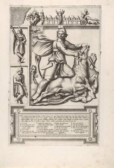 Relief mit Mithras, der auf einem Stier kniet und ein Schwert in seine Schulter treibt, links zw..., 1564 von Unbekannt