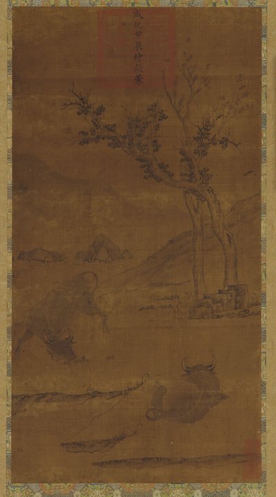 Flusslandschaft: Zwei Wasserbüffel und ein schlafender Hirtenjunge, 1368-1644 von Unbekannt