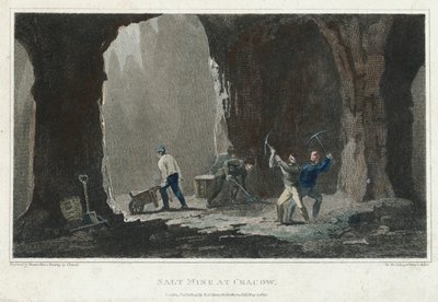 Steinsalz: Bergleute bei der Arbeit in einer Salzmine bei Krakau, Polen, um 1820 von Unbekannt
