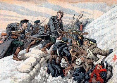 Russischer Angriff auf die japanischen Schützengräben, Russisch-Japanischer Krieg, 1904-5 von Unbekannt