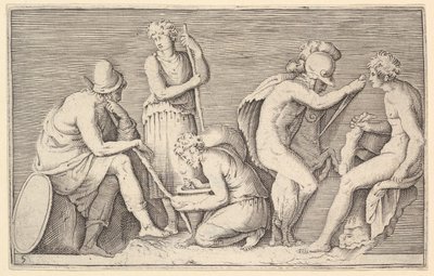 Opferszene mit Krieger, der einen Widder tötet, und vier weiteren Figuren, veröffentlicht ca. 1599-1622 von Unbekannt