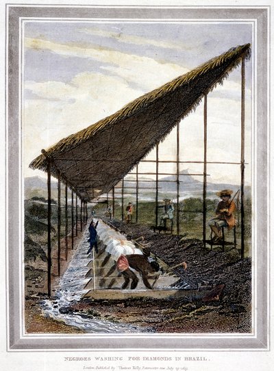 Sklaven waschen Diamanten unter Aufsicht von Aufsehern mit Peitschen, Brasilien, 1815 von Unbekannt