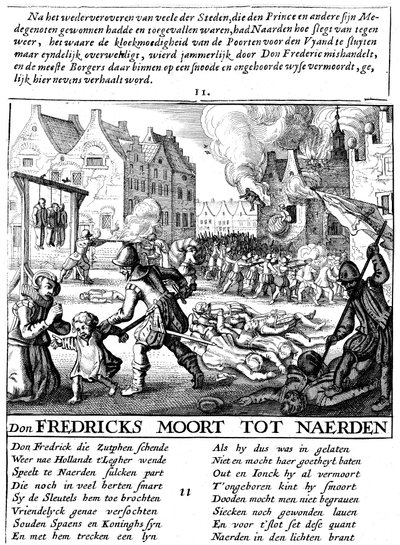 Spanische Truppen zünden Gebäude an und massakrieren während der spanischen Herrschaft in den Niederlanden, 1567-73 von Unbekannt