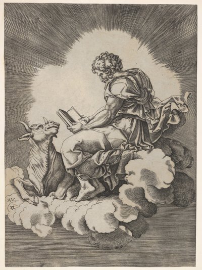 St. Lukas, sitzend auf einer Wolke mit einem offenen Buch in beiden Händen, ein Stier liegt zu seinen Füßen, nach 1518 von Unbekannt