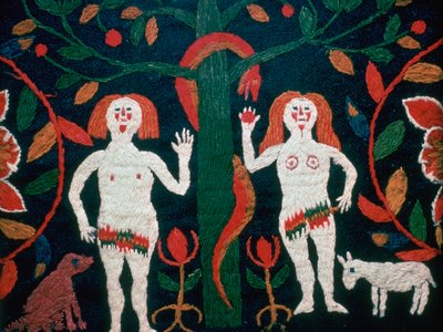 Schwedische Stickerei von Adam, Eva und der Schlange von Unbekannt