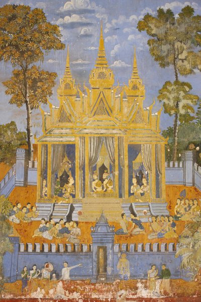 Silberpagode, Dieses Wandgemälde zeigt Szenen aus dem Reamker, der kambodschanischen Version des klassischen hinduistischen Gedichts Ramayana, Phnom Penh, Kambodscha von Unbekannt