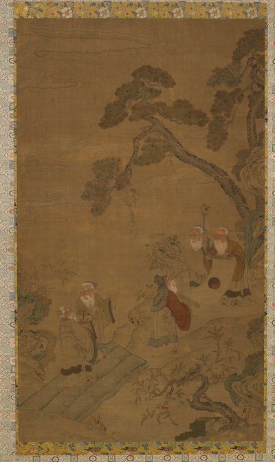Wandteppich: Fünf Weise in einem Garten unter Kiefern, Ming-Dynastie bis Qing-Dynastie, 1368-1911 von Unbekannt