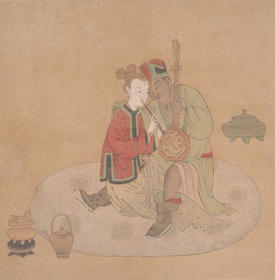 Tartarischer Offizier mit blonder Dame, die Musikinstrumente spielt, 19. Jahrhundert von Unbekannt
