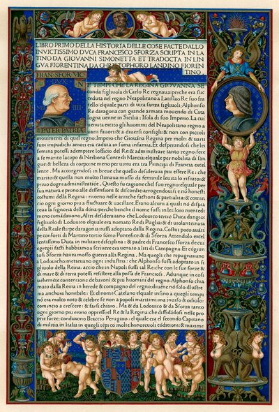 Textseite mit Porträts von Francesco Sforza, 1490 von Unbekannt