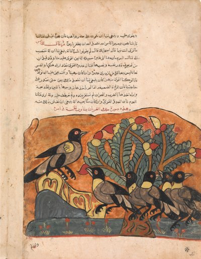 Der Krähenkönig berät sich mit seinen Ministern, Folio aus einem Kalila wa Dimna, 18. Jahrhundert von Unbekannt