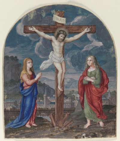 Die Kreuzigung: Miniatur aus einem Gebetbuch ausgeschnitten, ca. 1540-1550 von Unbekannt