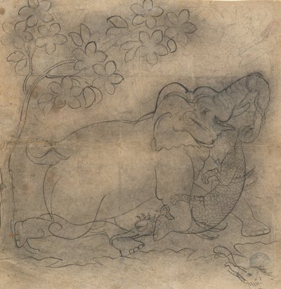 Der Elefantenkönig ringt mit einem Krokodil: Illustration aus einer Gajendramoksha-Serie, spätes 19. Jahrhundert von Unbekannt