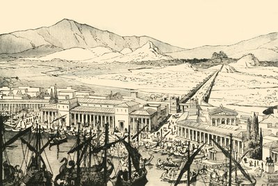 Der Hafen von Piräus mit den Langen Mauern, restauriert, 1890 von Unbekannt
