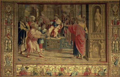 Der Zauberer Elymas wird von St. Paulus vor dem römischen Statthalter Sergius Paulus geblendet, Detail aus den Brüsseler Wandteppichen, Repliken der Vatikan-Serie der Apostelgeschichte von Raphael von Unbekannt