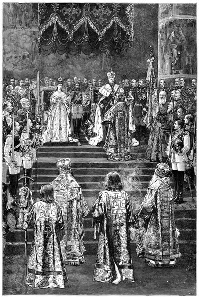 Die Krönung von Kaiser Alexander III. und Kaiserin Maria Fjodorowna, 1883, spätes 19. Jahrhundert von Unbekannt