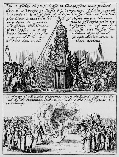 Die Zerstörung des Cheapside-Kreuzes und das Verbrennen des Buches der Sportarten, Mai 1643 von Unbekannt
