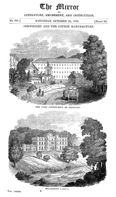 Die erste Baumwollspinnerei in Cromford, Derbyshire, und Richard Arkwrights Haus von Unbekannt