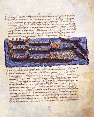Die Abwehr des russischen Angriffs auf Konstantinopel im Jahr 941 durch die byzantinische Flotte Miniatur aus von Unbekannt