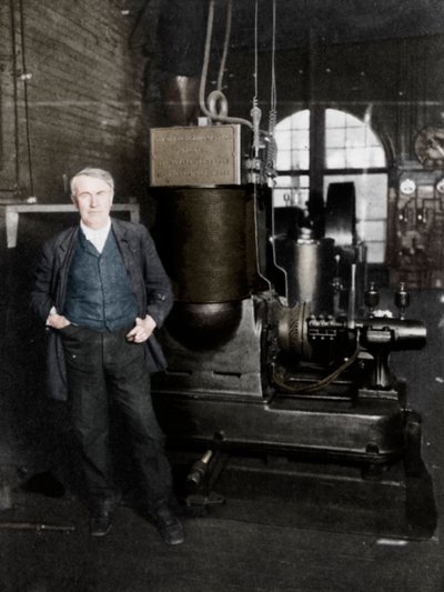 Thomas Alva Edison, amerikanischer Erfinder, mit seinem ersten Dynamo zur Erzeugung von elektrischem Licht, 1880er von Unbekannt