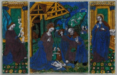 Drei Tafeln aus einem Triptychon mit der Anbetung der Hirten..., französisch, frühes 16. Jahrhundert von Unbekannt