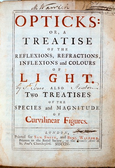 Titelseite von Opticks von dem englischen Wissenschaftler und Mathematiker Isaac Newton, 1794 von Unbekannt