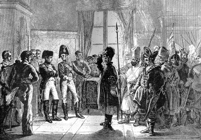 Zar Alexander I. präsentiert russische Truppen Napoleon, 8. Juli 1807 von Unbekannt