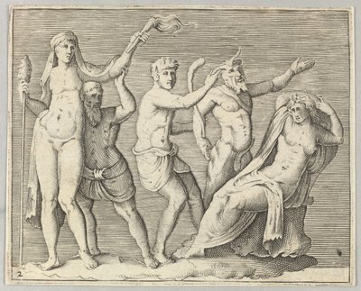 Zwei Figuren, ein Faun und ein Satyr nähern sich einer liegenden Frau, veröffentlicht ca. 1599-1622 von Unbekannt