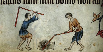 Zwei Männer dreschen Garben aus dem Luttrell Psalter, ca. 1330 von Unbekannt