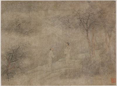 Zwei Männer gehen in einem nebligen Hain, Ming-Dynastie, 1368-1644 von Unbekannt