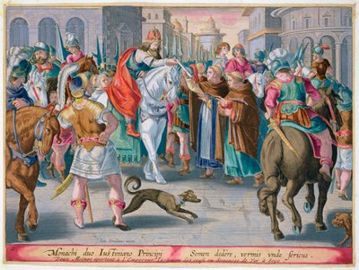 Zwei Mönche präsentieren dem byzantinischen Kaiser Justinian aus China geschmuggelte Seidenraupen, 6. Jahrhundert von Unbekannt