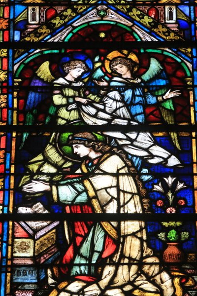 Jungfrau Maria. Details. Krönung der Jungfrau. Glasfenster von Frantz Mayer de Munick 1884. Kapelle Notre Dame de la Ronde. Stephansdom von Metz, Metz, Frankreich von Unbekannt