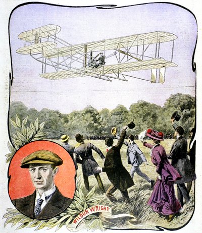 Wilbur Wrights erster Flug in Europa auf der Rennbahn Hanaudieres bei Le Mans, Frankreich, 1908 von Unbekannt